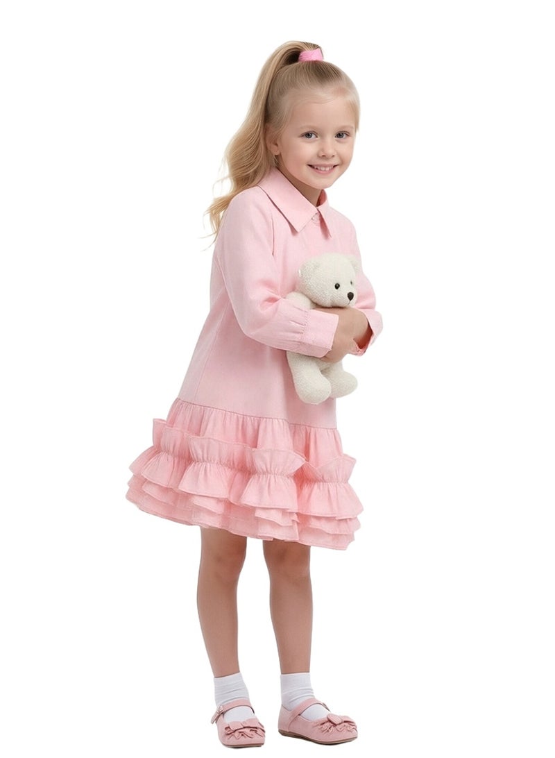 WiNi BEE Girls Shirt Dress Long Sleeve with Ruffles - Button Down Collared Dress for School,Family Photos, Toddler Girl Dress 2T-3T, Little Girl 4-10 Years - Image 2